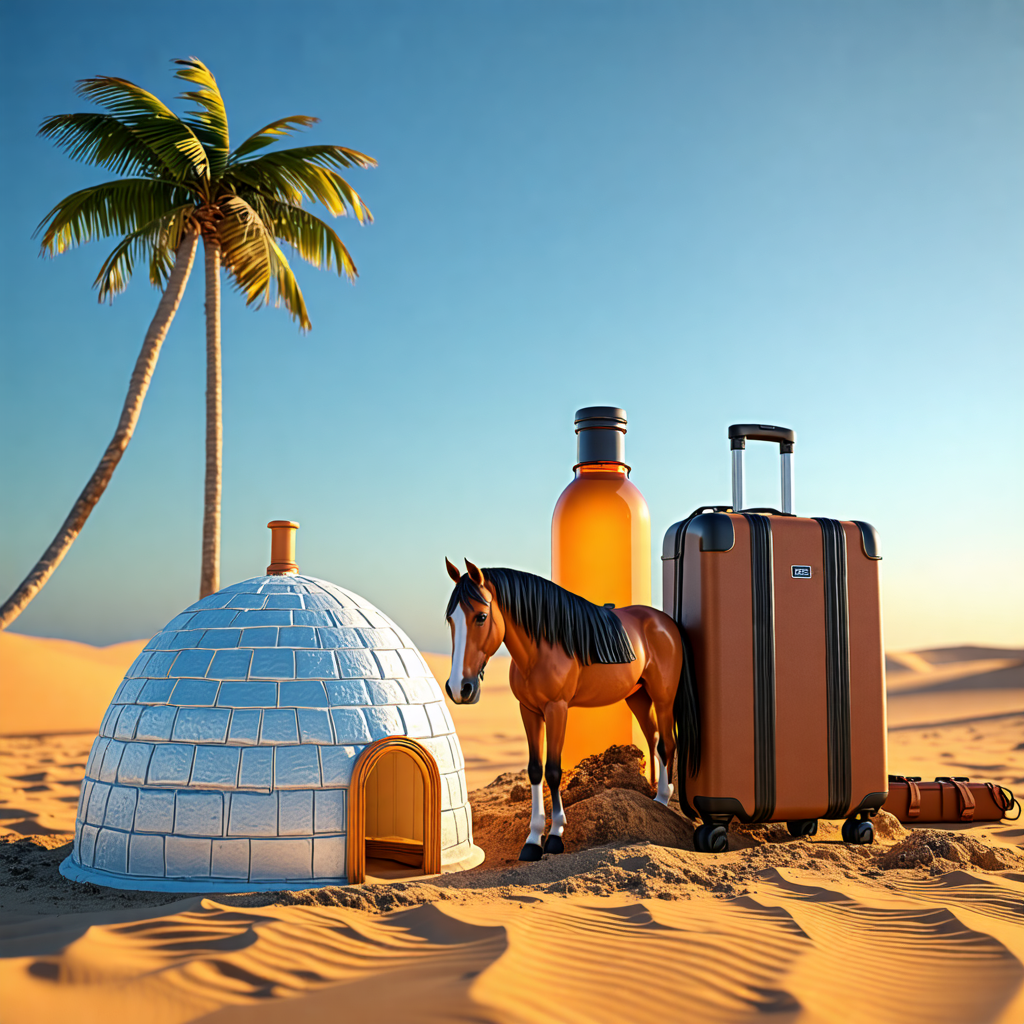 horse, igloo, bottle, palm tree, suitcase